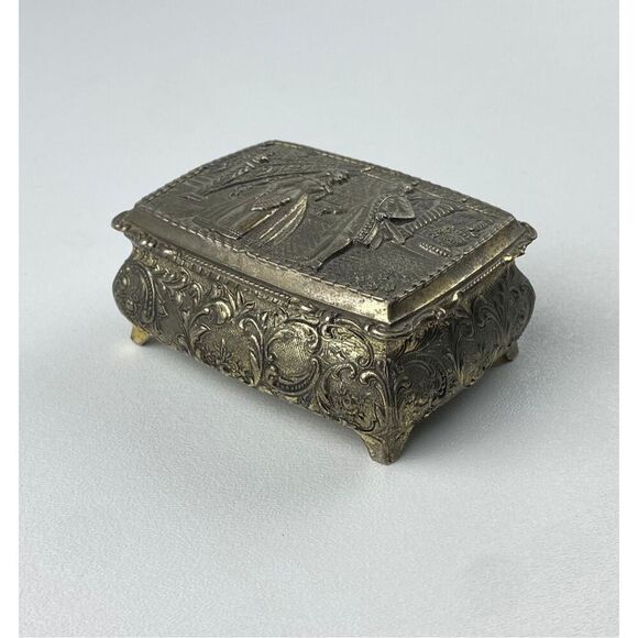 Vintage Ornate Silvertone Metal Footed Velvet Lined Trinket Box Made in Japan DP - Picture 2 of 10